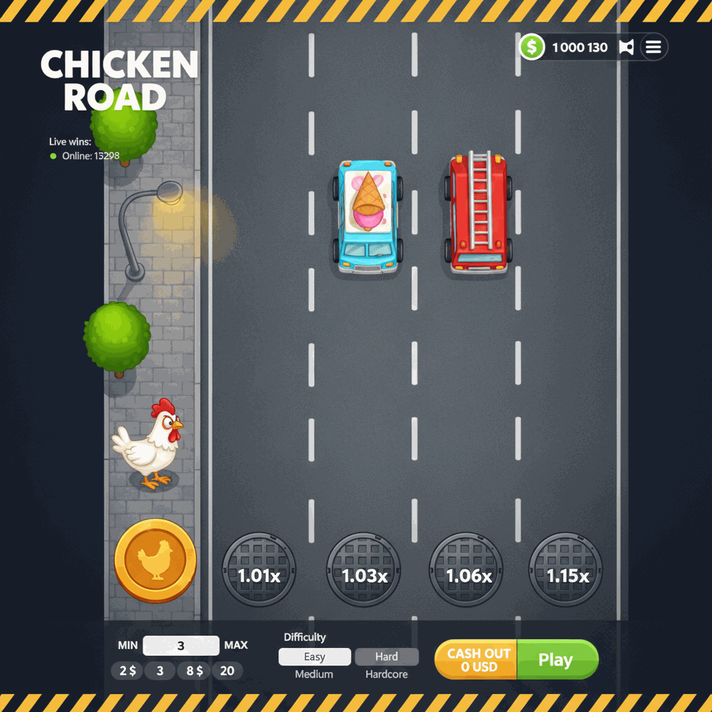 Chicken Road crash game interface showing a cartoon white chicken standing on a grey urban sidewalk preparing to cross a multi-lane road with white dashed lane markers, manhole cover multiplier indicators on each lane, and cars approaching — crash-style instant game by InOut provider